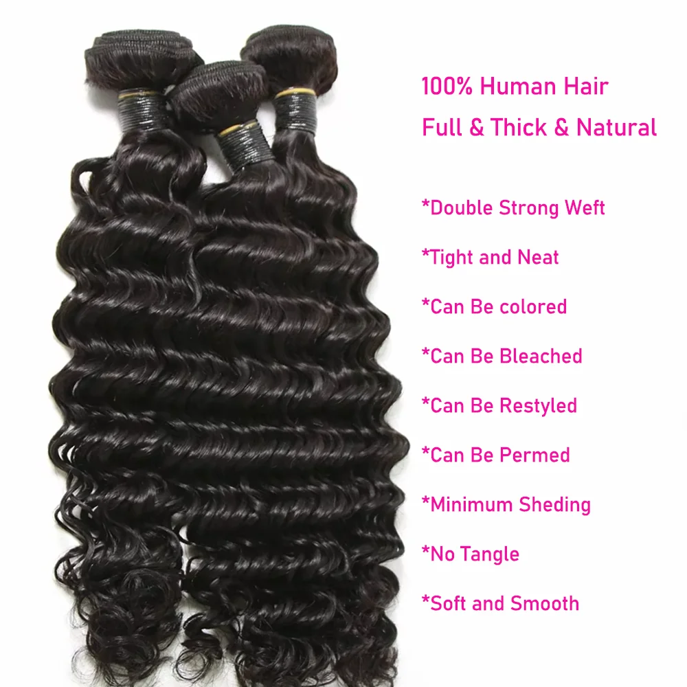 

Свободные глубокие волны, 3 пучка человеческих волос, 100% необработанные бразильские девственные человеческие волосы, натуральный черный, 3 пучка, наращивание волос