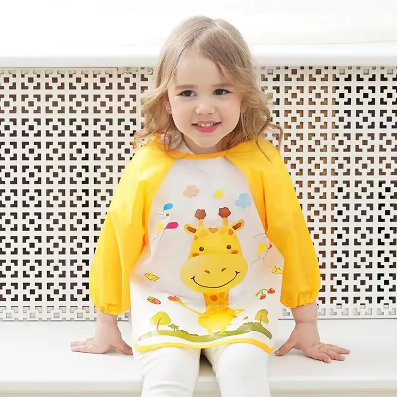 1PCS Yellow Waterproof EVA Long Sleeve Bib Blouse Childrens Eating Apron Free Hand Washing