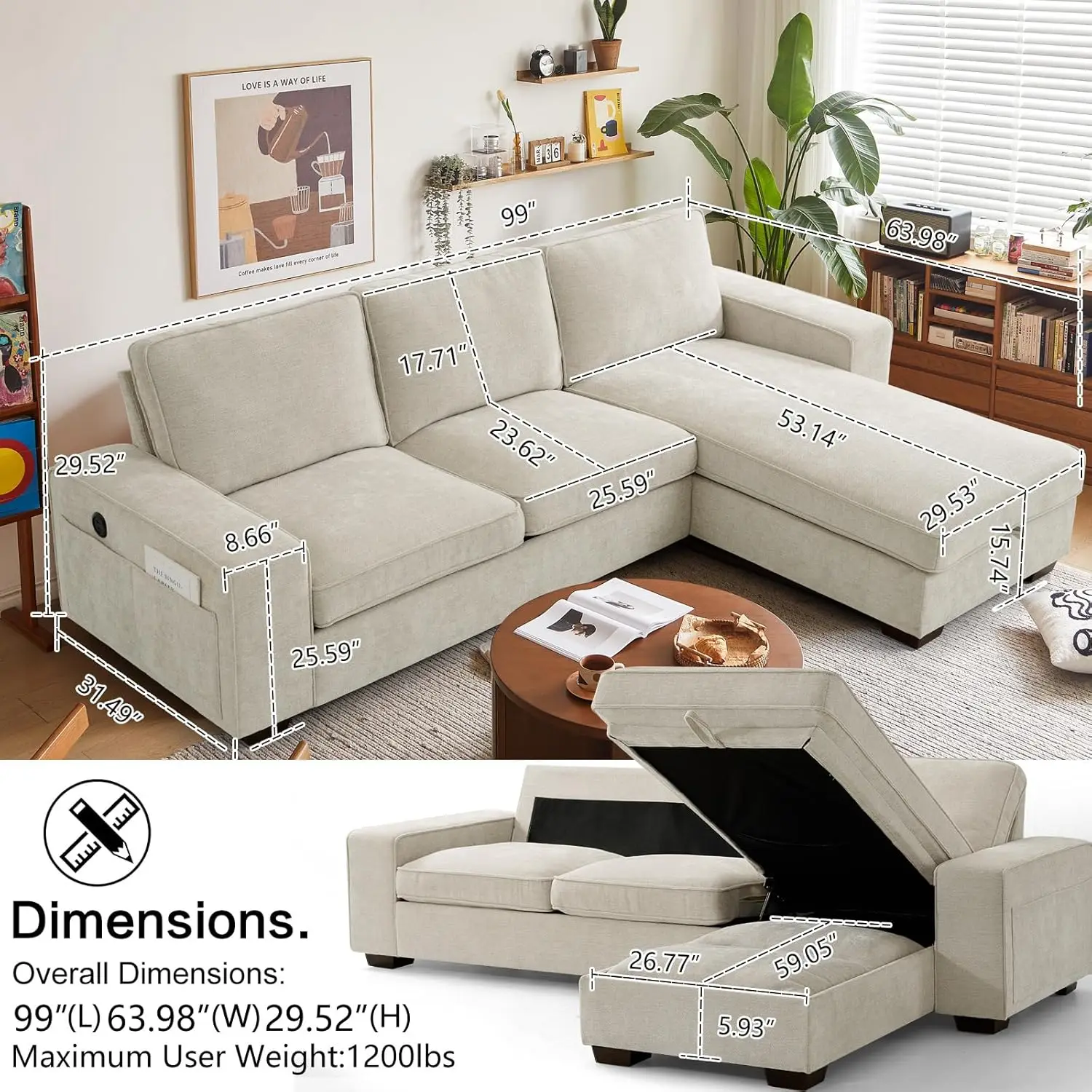 99“ Convertible Sectional Sofa,L Shaped Couch, USB and Type-C Charging Ports, Storage Space, Breathable Fabric (Beige)