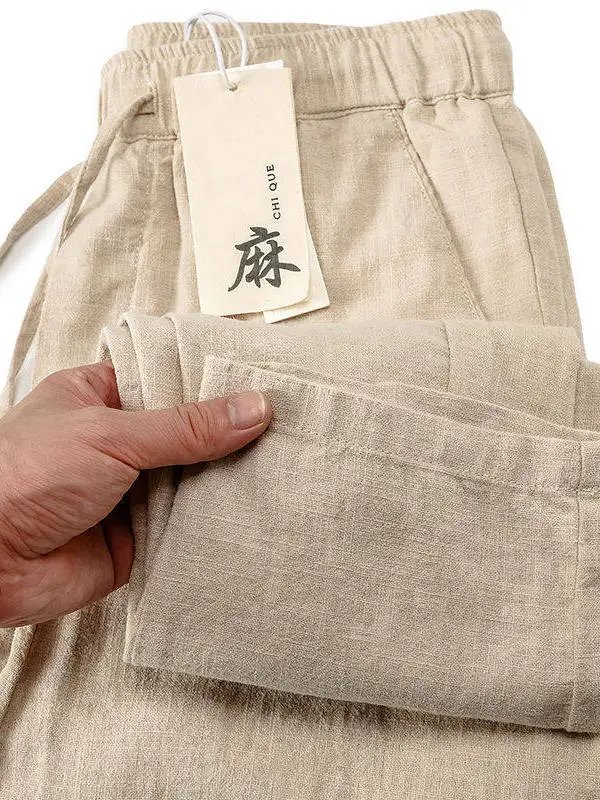 

Cotton Linen Men's Straight Leg Loose Summer Thin Elastic Waist White Casual Pants Breathable Comfortable Urban Style