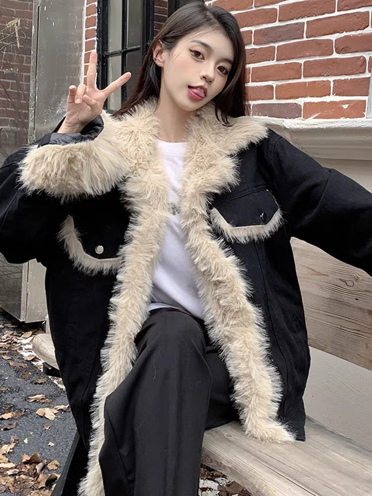 

Denim Coats For Woman Long Fur Plush Womens Winter Regular-Fit Minimalist Urban Office Anti-Wrinkle Buttoned Corduroy Drawstring