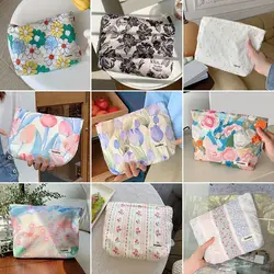 Floral Cotton Clutch Bag Makeup Bag Cosmetic Bag Toiletry Bag Wash Pouch Travel Organizer Coin Purse Sanitary Napkins Pocket