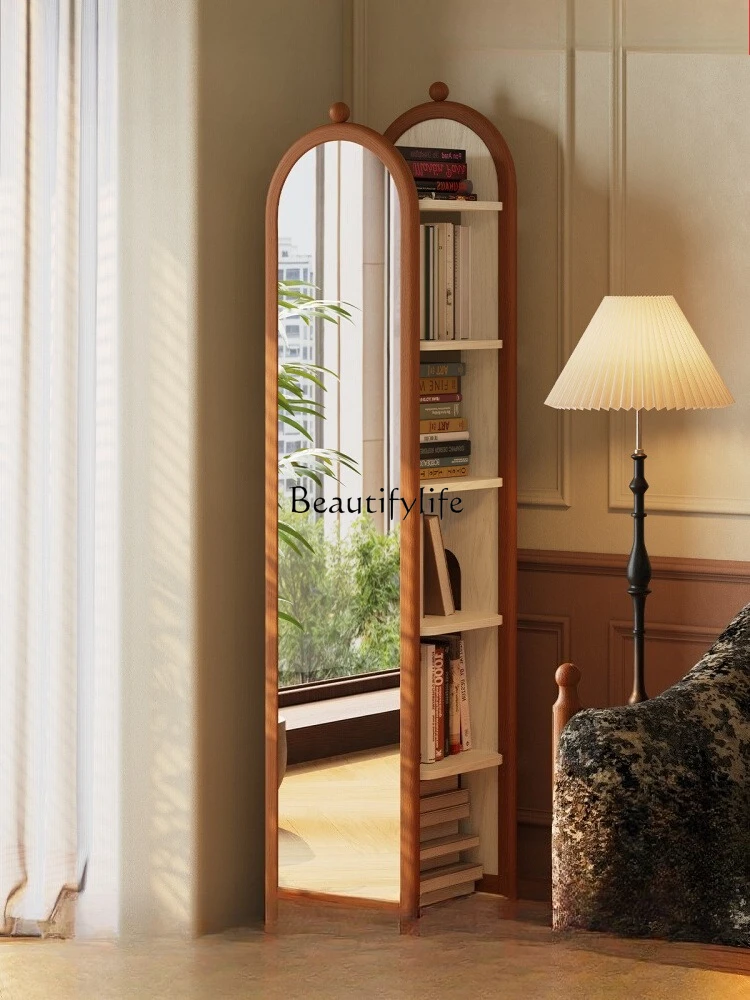 

French retro small solid wood vertical floor rotating bookshelf storage 360 degree bookcase with full-length mirror