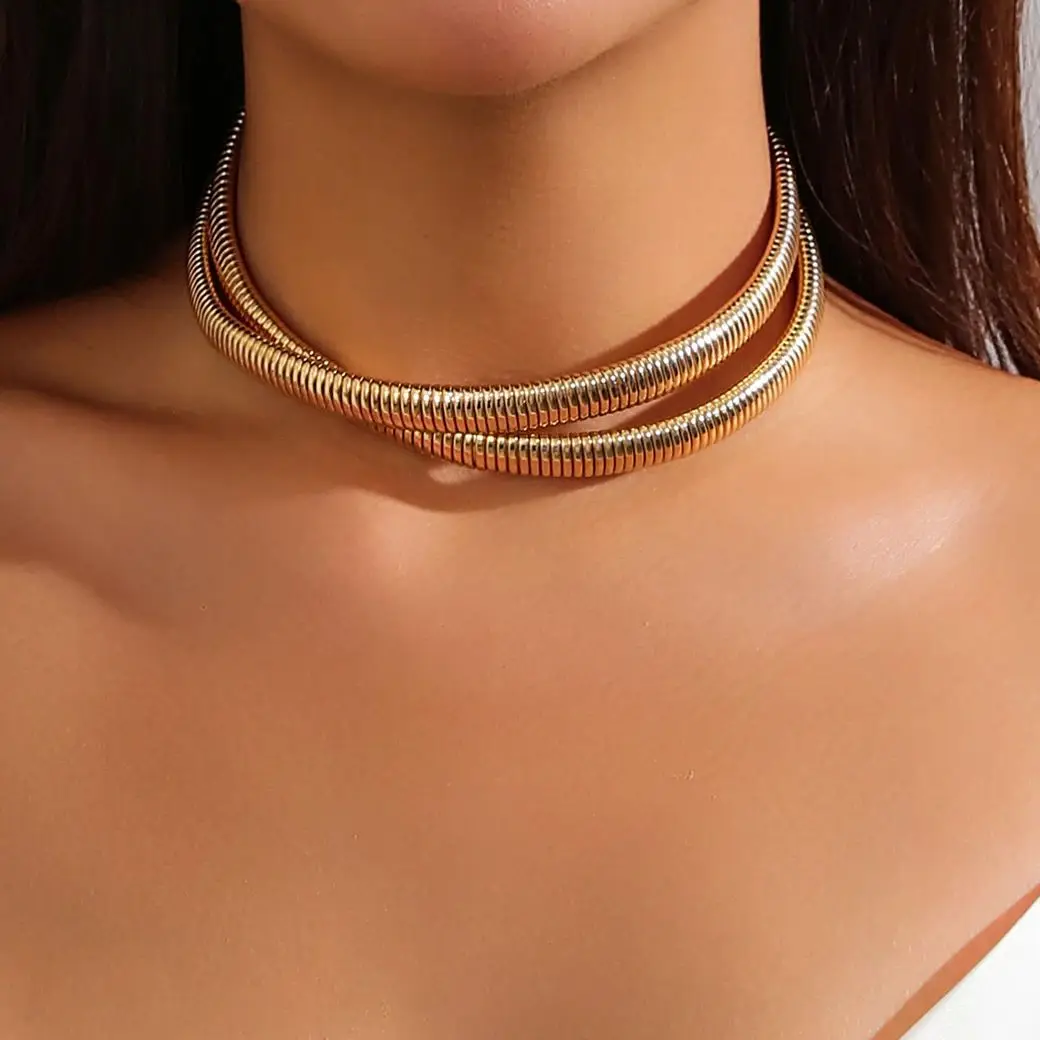 

IngeSight.Z Vintage Metal Cross Striped Double Layer Choker Necklace Women Punk Gold Color Thick Collar Necklaces Party Jewelry