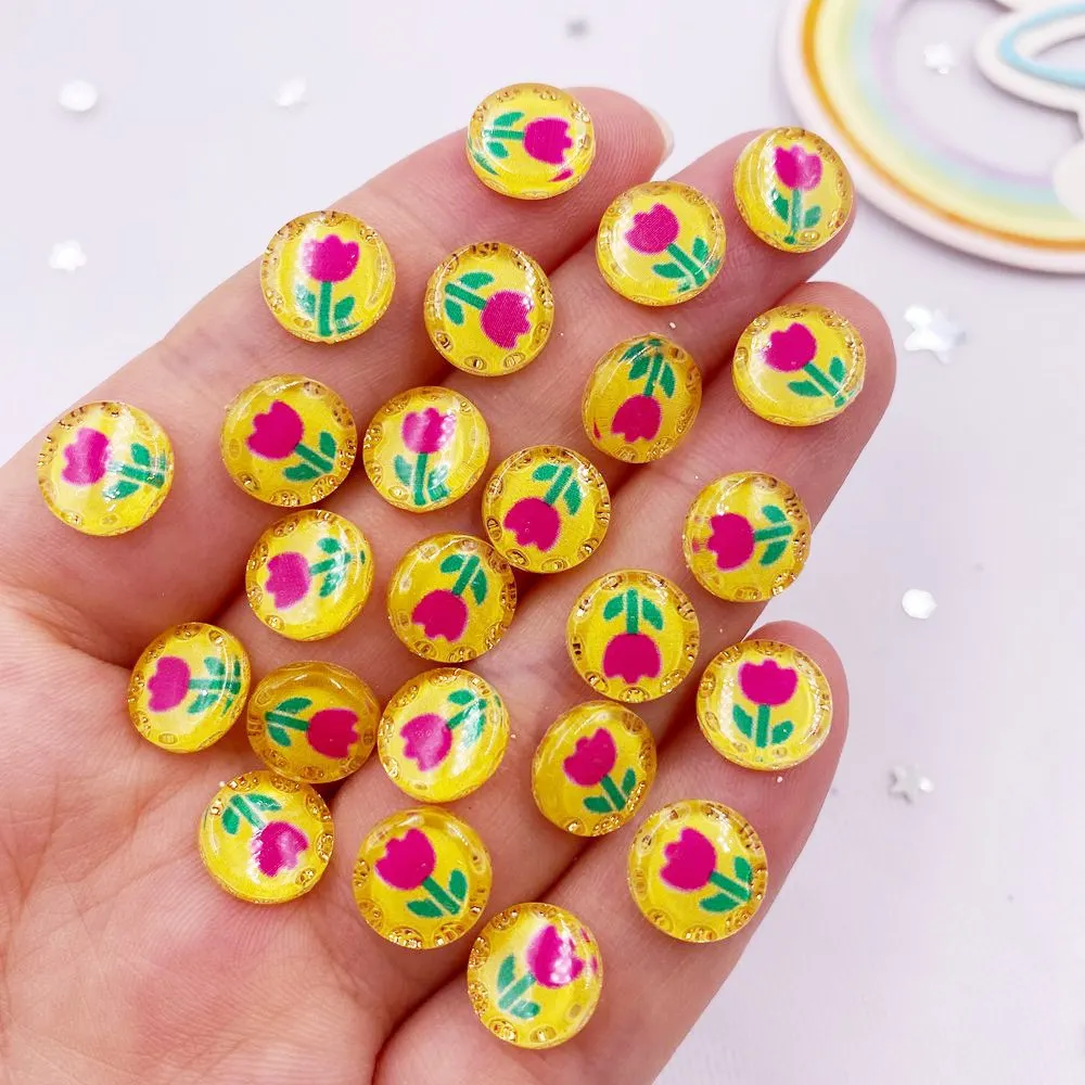 50pcs Resin Cute Colorful 10mm Round Tulips Flower Crystal Gem Flatback Rhinestone Applique DIY Buttons Scrapbook for Nail Craft