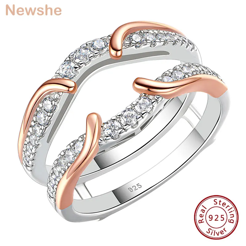 Newshe Genuine 925 Sterling Silver Romantic Rose Gold Guard Enhancer Rings for Engagement Cubic Zircon Wedding Band Jewelry