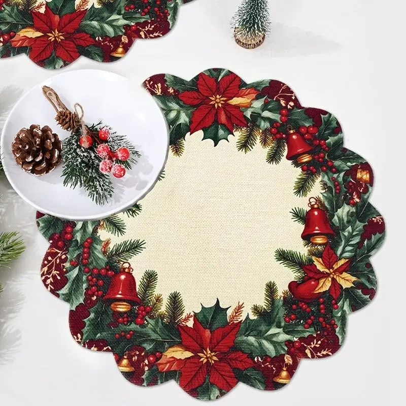 VIKAMA Poinsettia Handbell Berry Pine Wreath Placemat Beige Background Wavy Edge Red Flower Gold Green Holly Christmas Table Mat