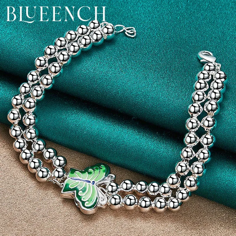 Blueench 925 Sterling Silver Double Layer String Butterfly Pendant Bracelet for Ladies Wedding Party Fashion Temperament Jewelry