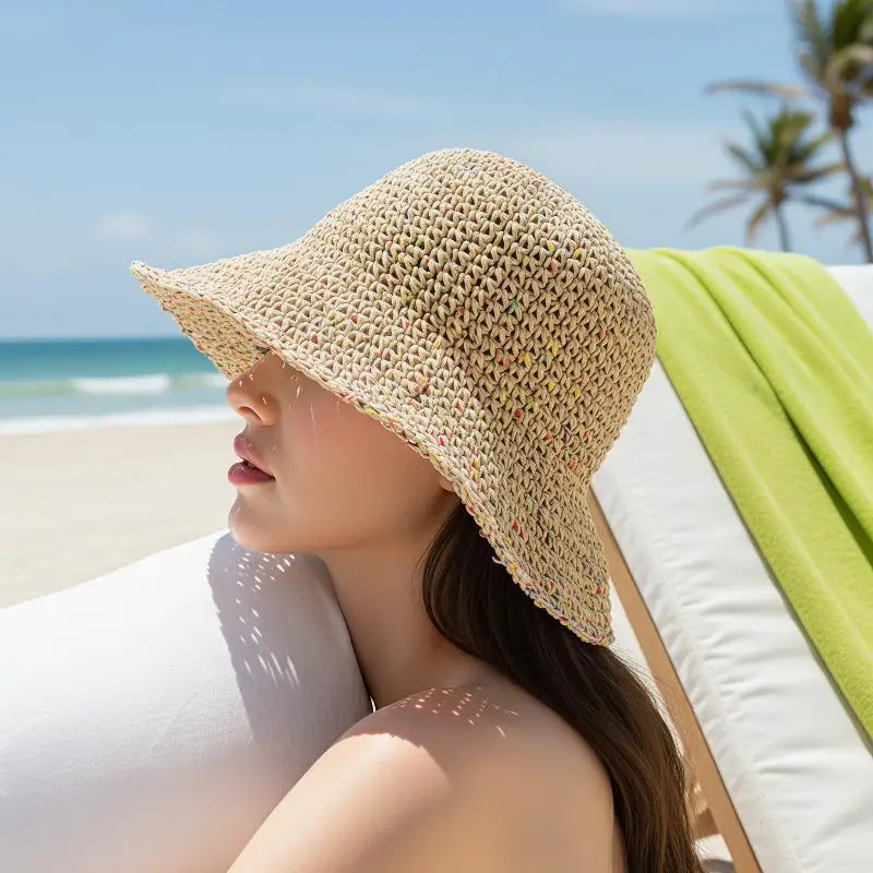 Women Handwoven Rainbow Straw Hat Korean Summer Breathable Fisherman Cap Sunshade for Vacation Resorts