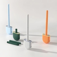 Toilet Brush Water Leak Proof With base Silicone Wc Flat Head Flexible Soft Bristles Brush with Quick Drying Holder Set