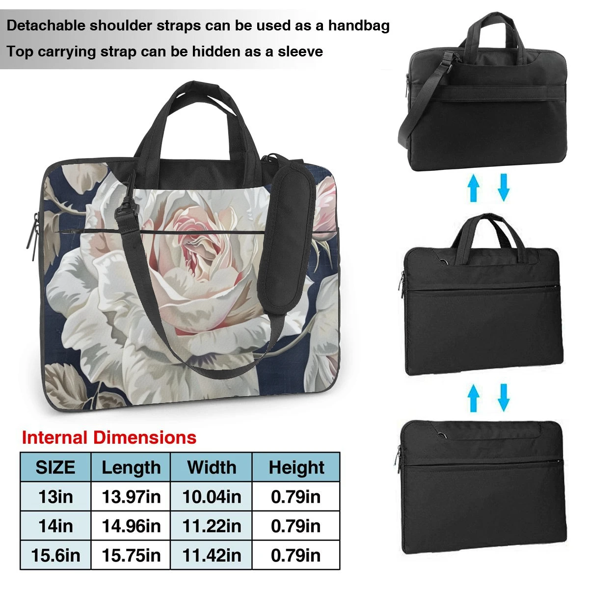 Witte Roos Bloem Laptop Tas Gedrukt Patroon Mode Aktetas Ultradunne Draagbare Schouder Laptop Tas 13 14 15.6in