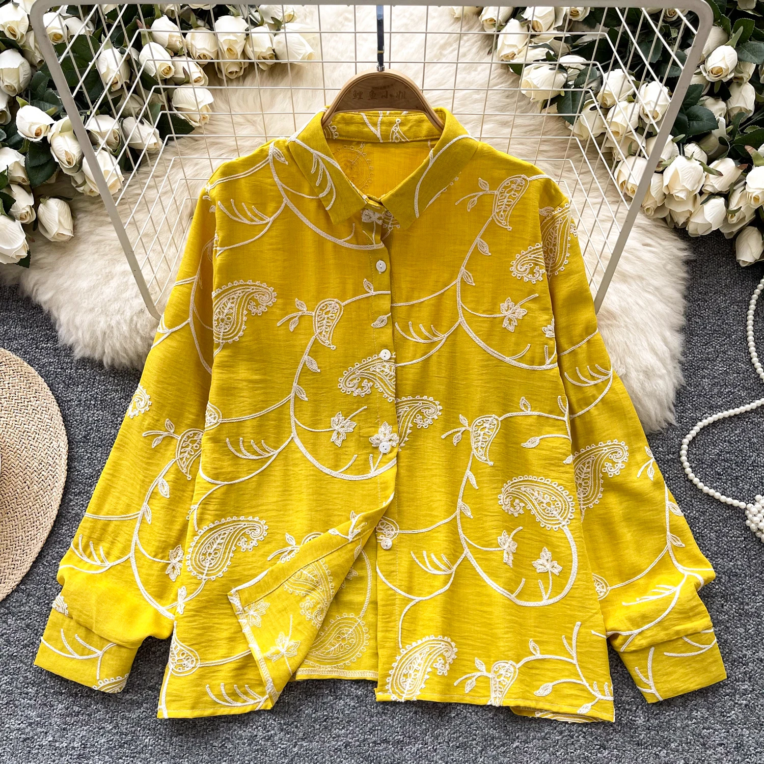 

Vintage Elegant Embroidery print turn-down collar Blouse Fashion Single Breasted sweet Shirt Casual Chic Top Fairy Summer Women