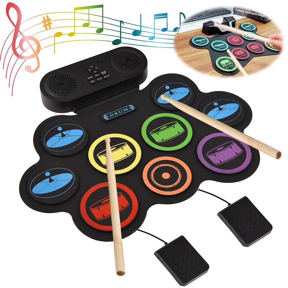 Electronic Drum Set with Headphone Jack 9-Pads Roll-Up Drum Pad Roll-up Drum Kit Great Christmas Holiday Gifts for Boys Girls