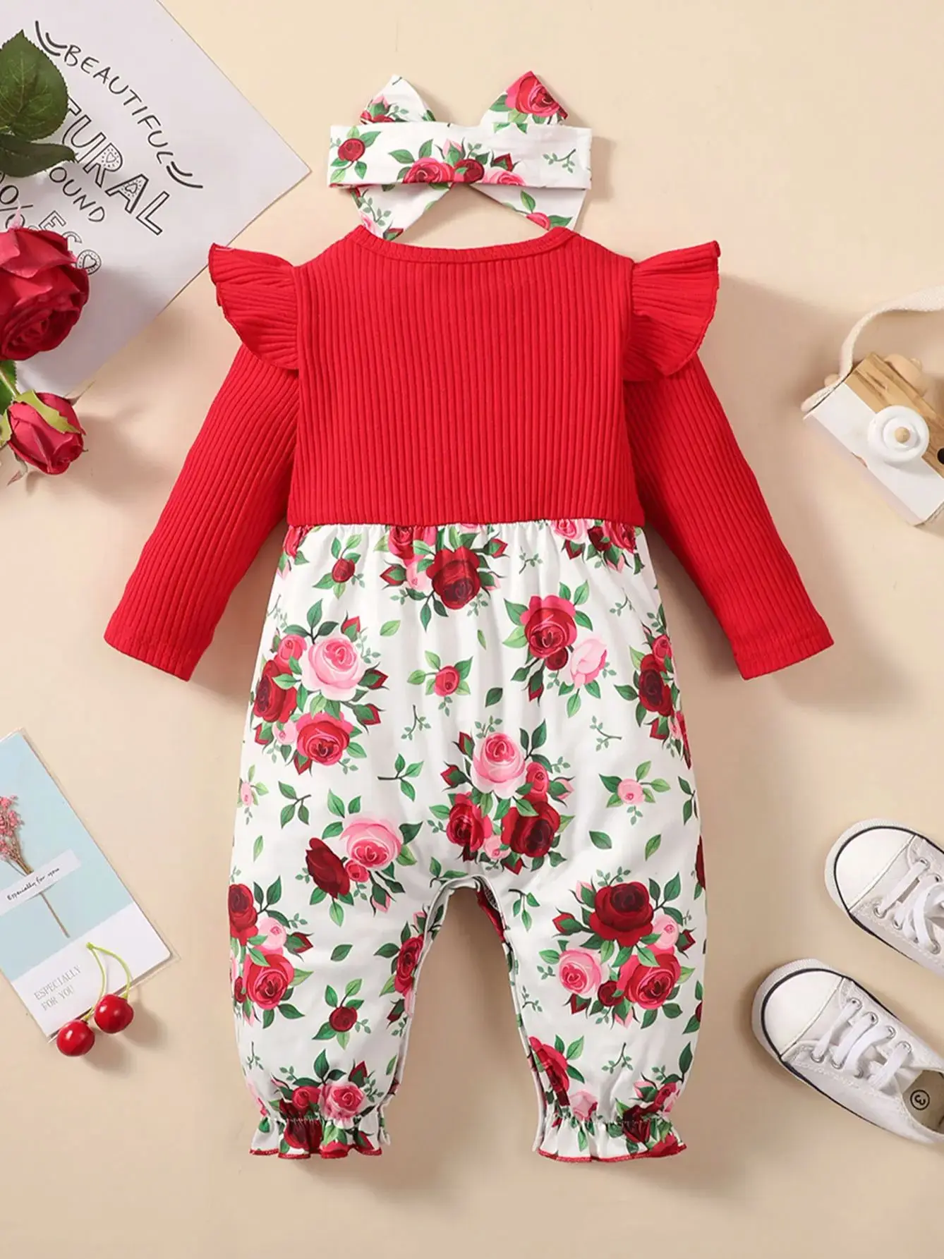 0-2 Year Old Newborn Baby Girl Spring and Autumn Round Neck Wooden Ear Edge Long sleeved Flower Printed Pants jumpsuit