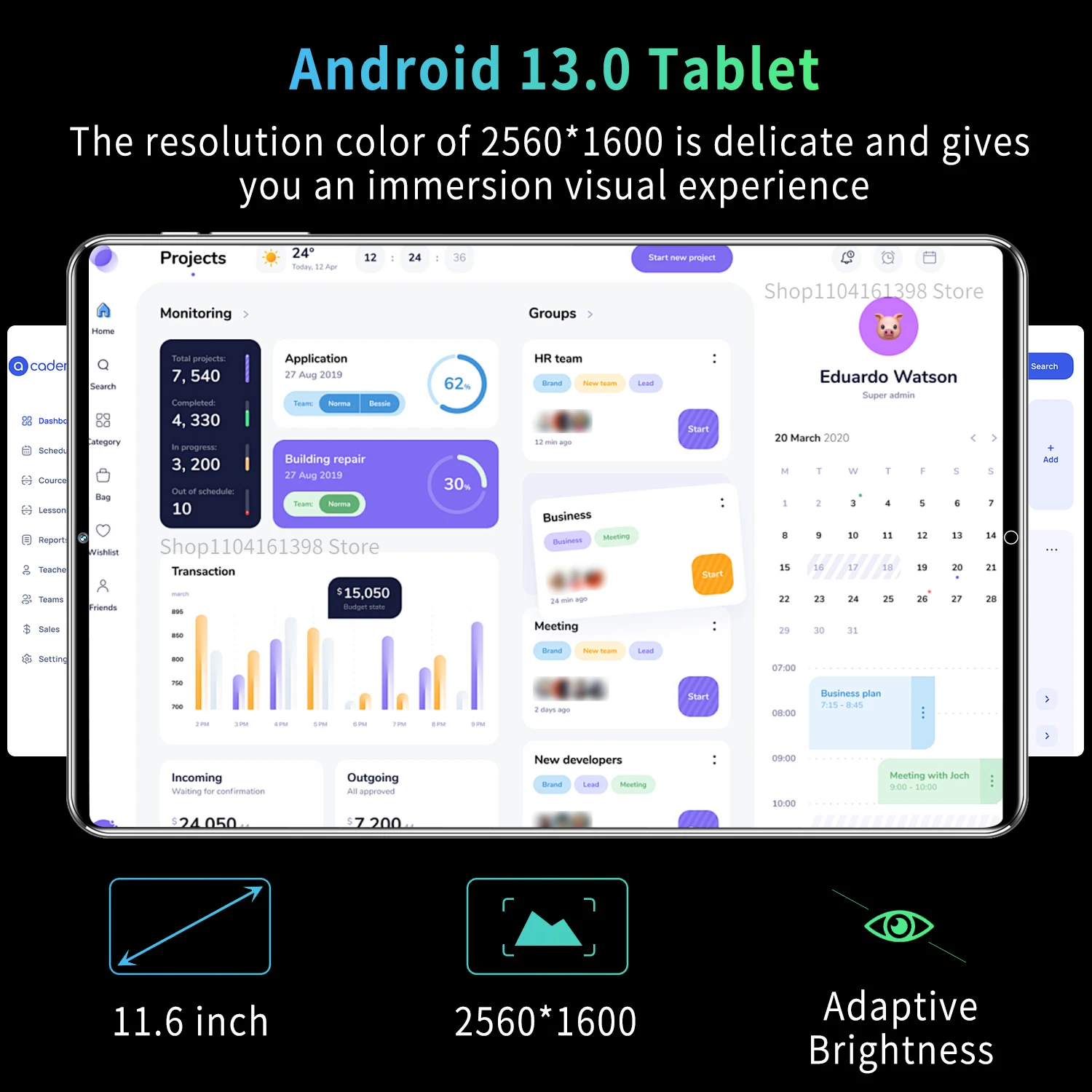 2024 11.6 인치 네트워크 안드로이드 13.0 태블릿, 16GB RAM, 1TB ROM, 16MP, 32MP, 10 코어, 12000mAh 태블릿, 4 5G 와이파이 태블릿, 신제품