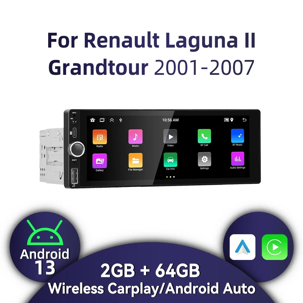 

Автомобильное радио 1 Din Android для Renault Laguna II Grandtour 2001-2007, 6,86 дюйма, стерео экран Carplay, Android, мультимедийное головное устройство