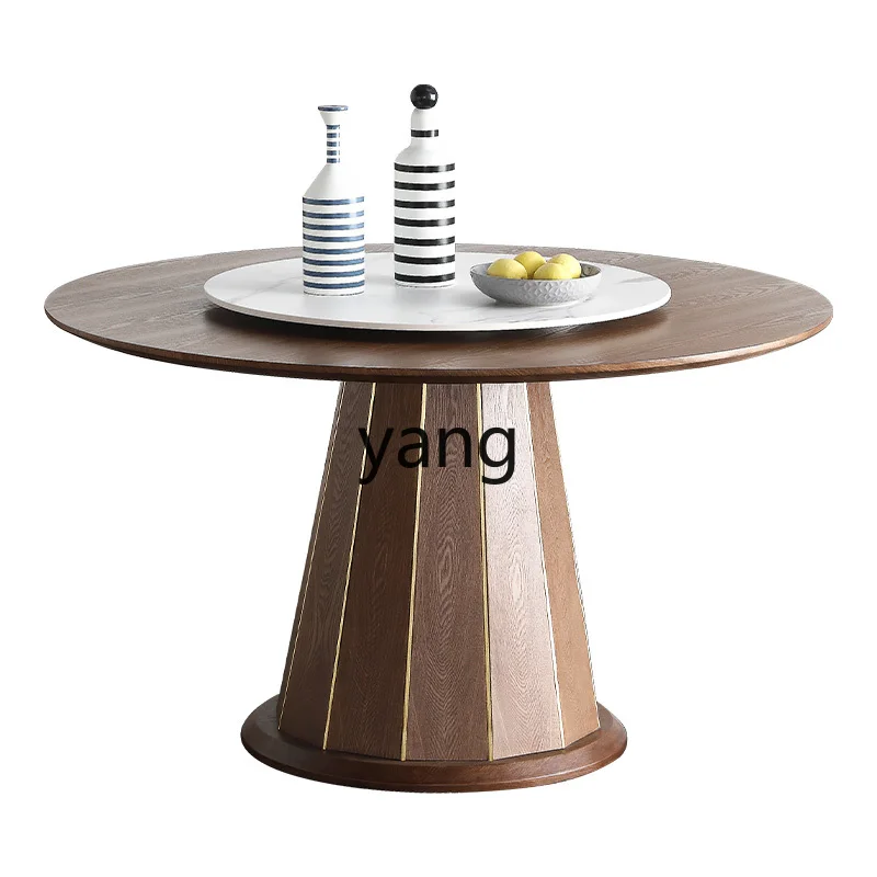 

Yjq Light Luxury Solid Wood round Stone Plate Dining Table with Turntable round Table Imported Ash Modern Minimalist