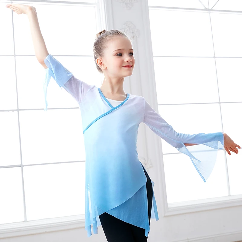 Girls Classical Dance Tops  Flare Sleeve Graduated Color Dance Costume Ballet Yoga Tops Blue Green Classical Folk Dance Coats