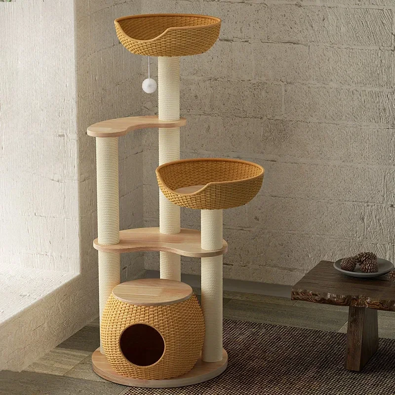 Rattan Woven Cat Nest Solid Wood Cat Climbing Frame Integrated Small Unit with Sisal for Multiple Cats Beautiful and practical