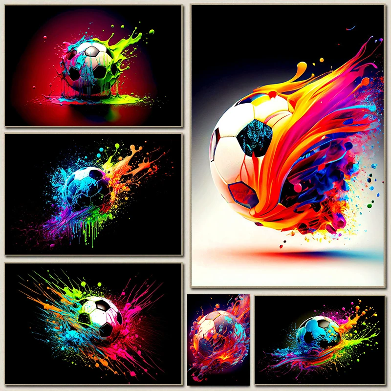 Soccer Colorful Wall Art Canvas Painting Posters Prints Abstract Football Ball on Fire Room Decor Picture Modern Home Decoration