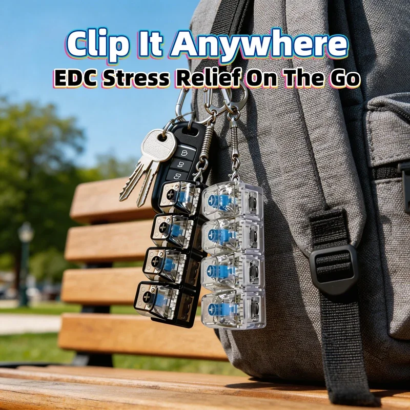 LED Mechanical keyboard Keychain 4 Keys Stress Relief Fidget Toy Portable Key Ring for Anxiety Relief Finger Exercise Use