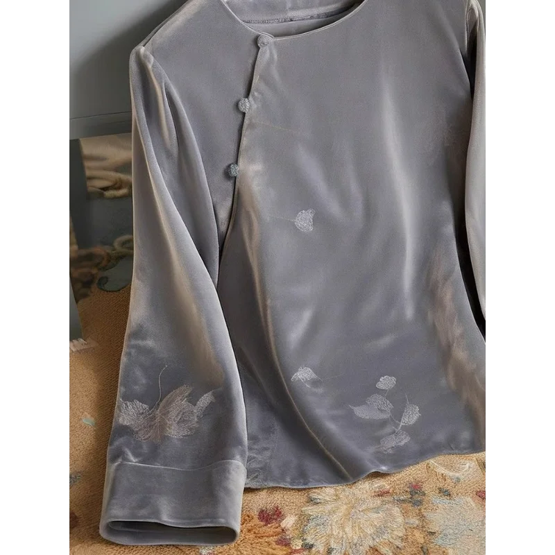Women's New Stitched Round Neck Button Chinese Fashion Solid Color Versatile Casual Long Sleeve Top