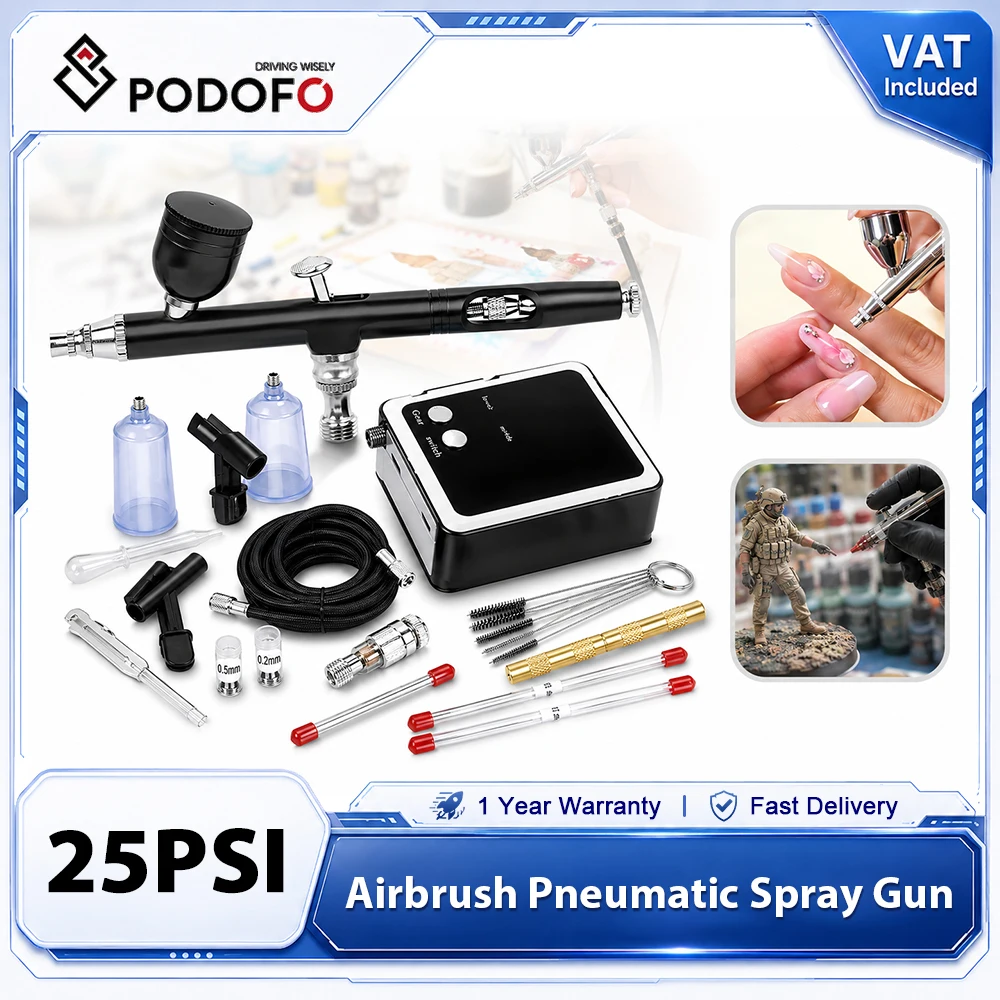 Podofo Mini Zestaw Aerografu z Kompresorem Przenośny Pneumatyczny Opryskiwacz do Farb Podwójna Działająca na Splot zamienny Dysza 0.2/0.3/0.5mm Regulowana do Samochodu Auto Dom DIY Paznokcie Tatuaże