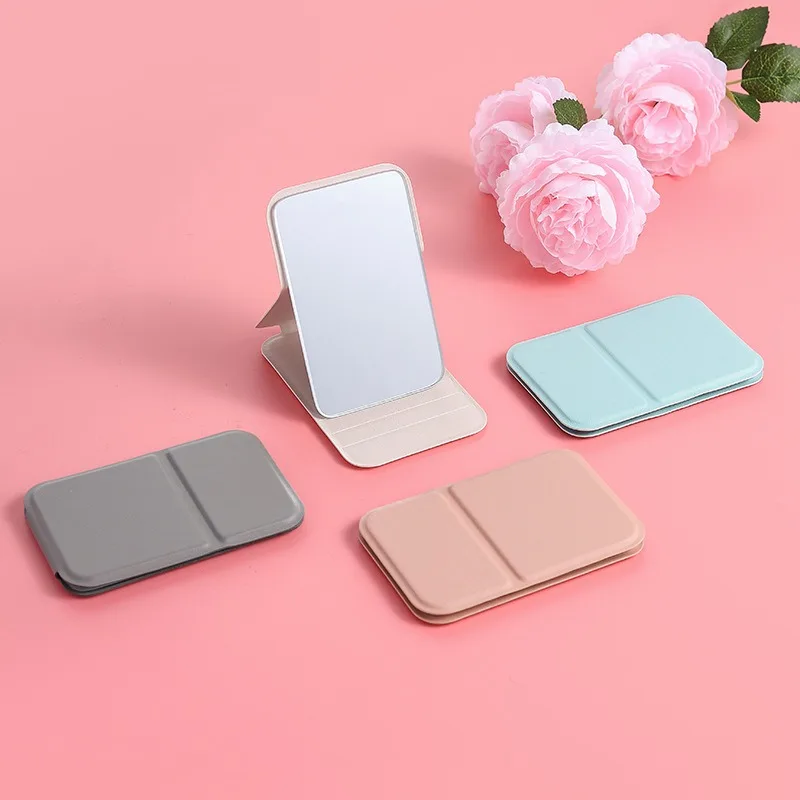 Desktop Makeup Mirror Solid Color PU Leather Simple Portable Handheld Makeup Mirror Foldable Student Compact Cute Pocket Mirror