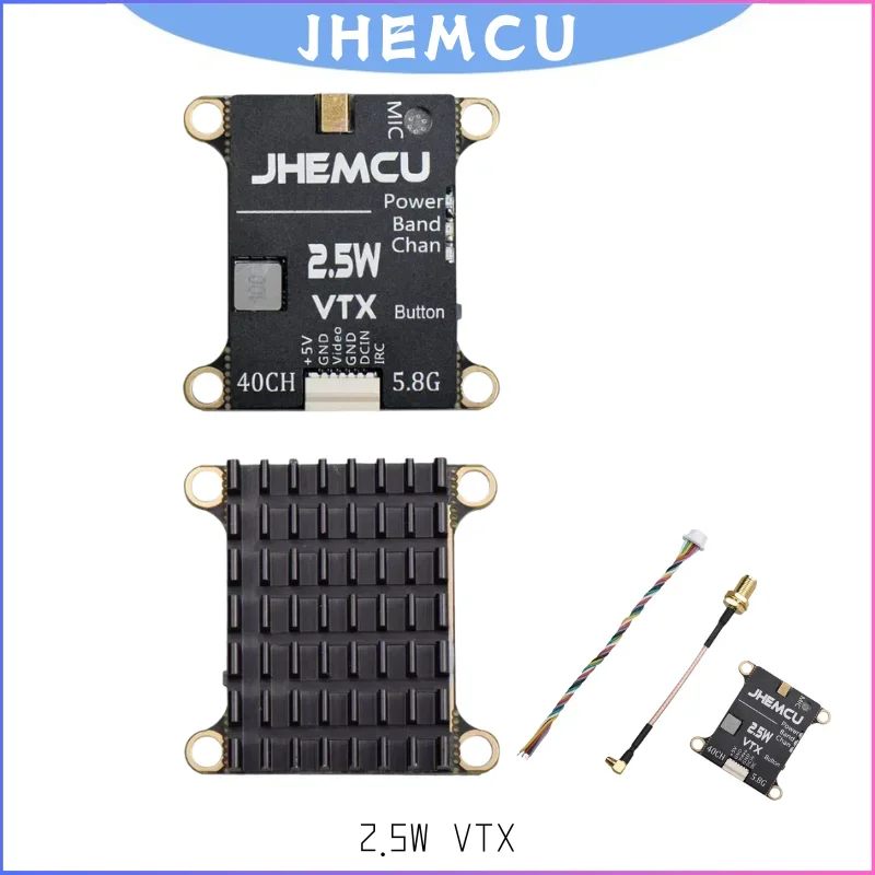 

JHEMCU 2.5W VTX 5.8G 40CH Adjustable FPV Transmitter Built-in Microphone Heat Sink 2-6S 30X30mm for RC Airplane FPV Long Range