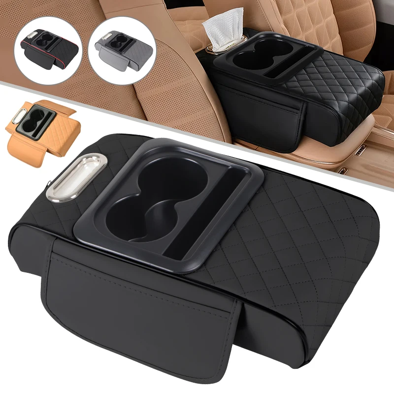 Car Armrest Storage Box, Car Center Console Organizer, Armrest Heightening Cushion with Cup Holder Armrest Storage Organizer Box