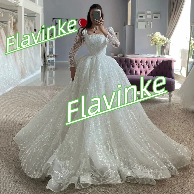 Flavinke Abiti da sposa con perline personalizzati Abiti da sposa di lusso a maniche lunghe con scollo quadrato Abiti da sposa principessa