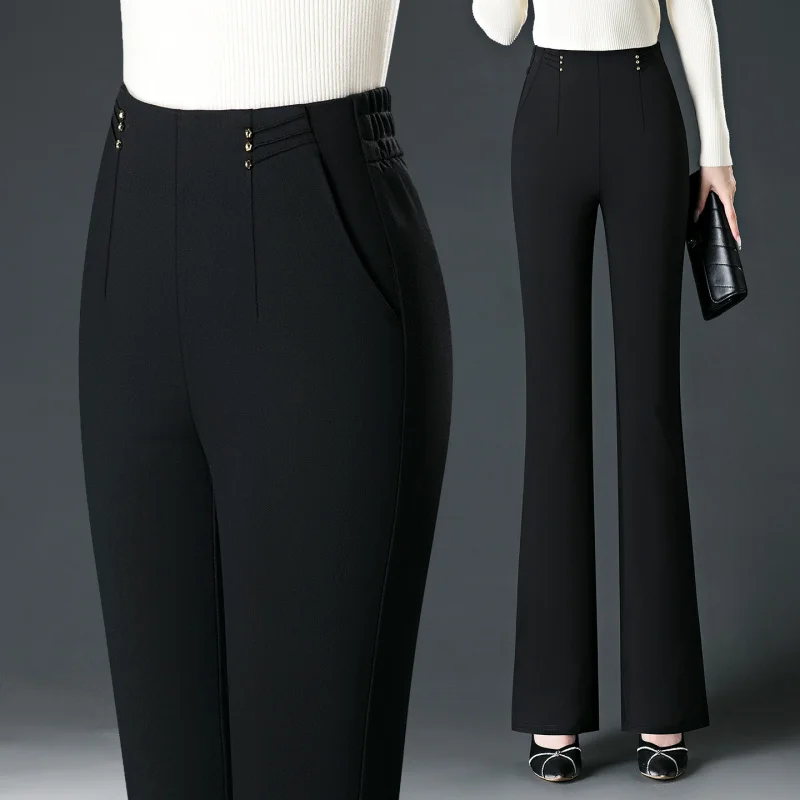 سروال أسود جديد للخريف للنساء، خصر مرن للتخسيس قابل للتمدد، مقاس كبير، سروال جرس سفلي متعدد الاستخدامات لمنتصف العمر