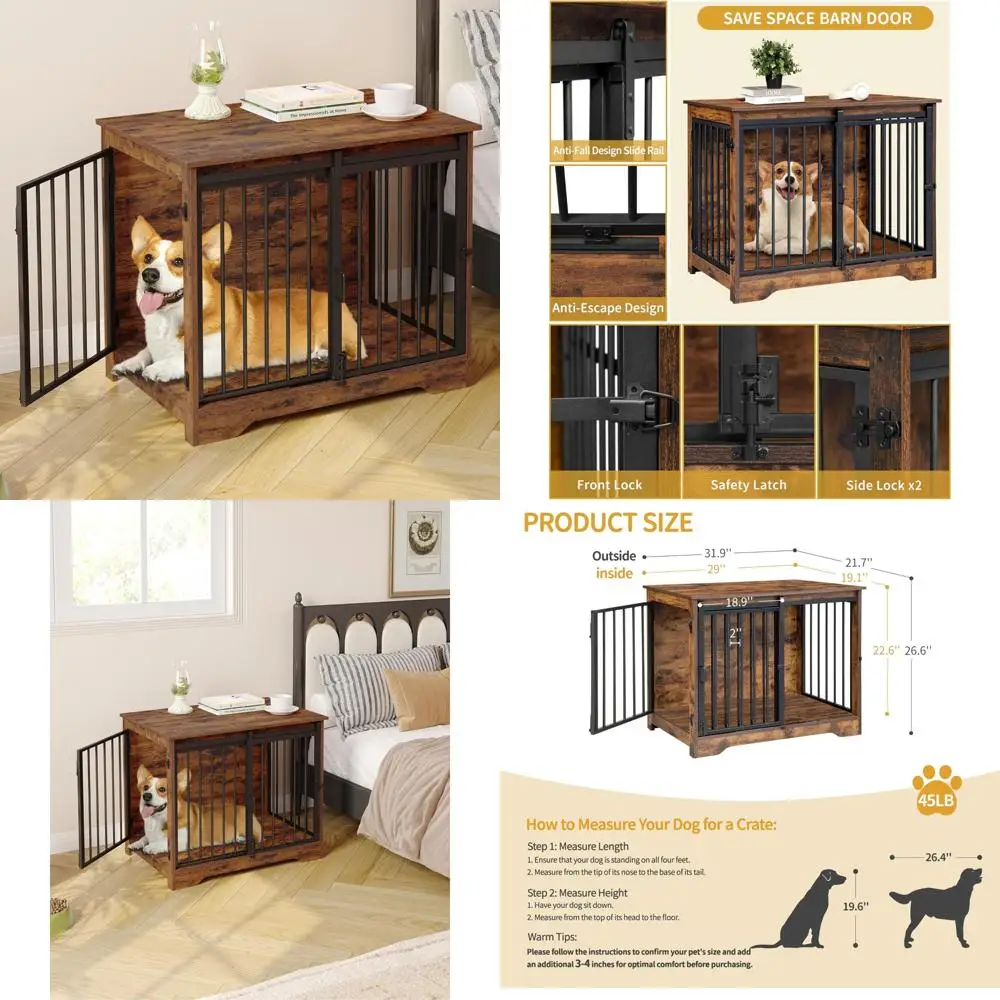 

Sturdy Wooden Dog Crate Furniture with Double Doors, Medium-Sized Indoor Pet Cage, Barn-Style End Table for Small to Medium Dogs