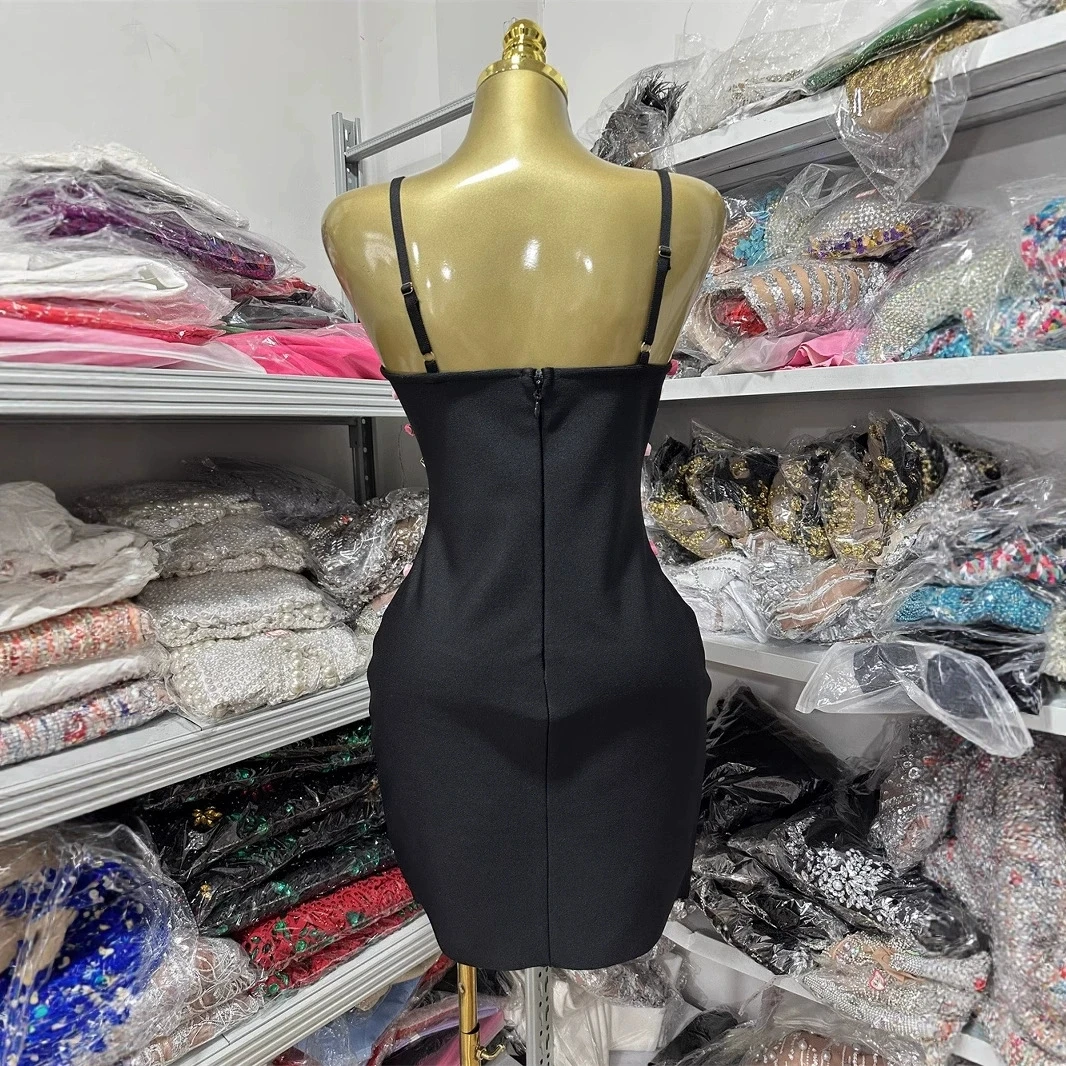 Nuovo abito da sera floreale rosa estivo senza schienale, abito corto nero aderente dalla fasciatura, abito da festa alla moda e lussuoso.-GZXXX370