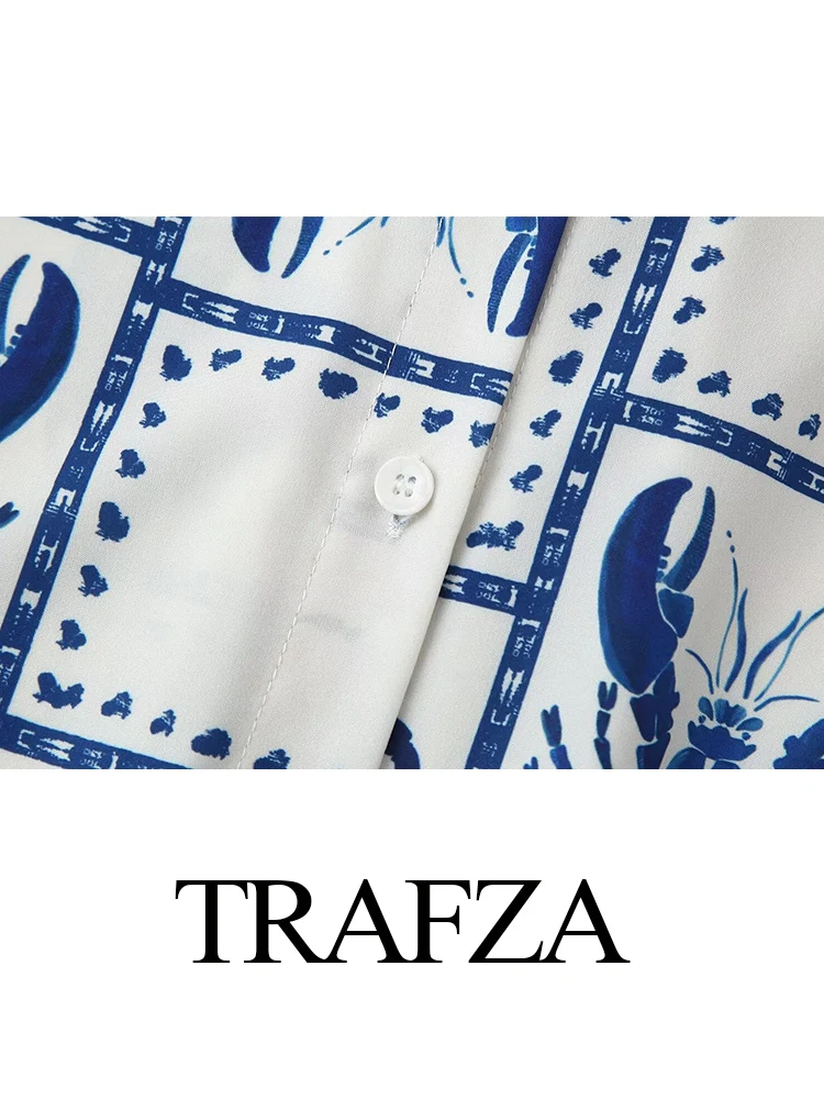 TRAFZA Women Fashion 2-Piece Set Single-Breasted Prawn Print Long-Sleeved Shirt+Elastic Waist Prawn Print Long Trousers Mujer