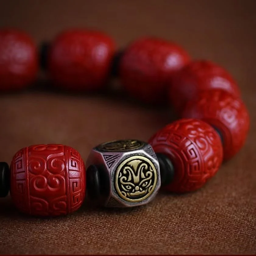 S925 Sterling Silver Four Divine Beasts High Content Cinnabar Emperor Sand Ripple Bead Life Year Fortune Charm Male Bracelet