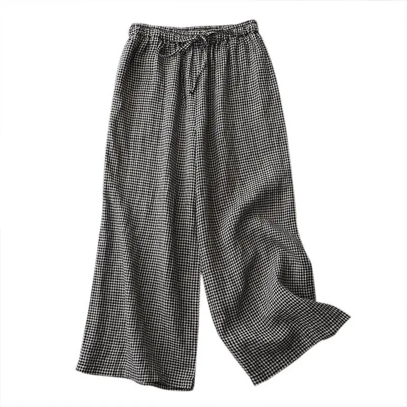 Pantaloni a gamba larga in lino abbigliamento donna moda pantaloni larghi in vita elastici a quadri pantaloni estivi a vita larga con allacciatura scozzese All-match