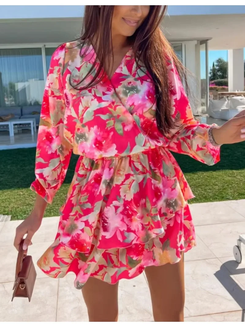 Women\'s Fashionable Printed Short Skirt with V-neck Long Sleeves Slim Fit Waist and A-line Skirt Casual Summer Dress