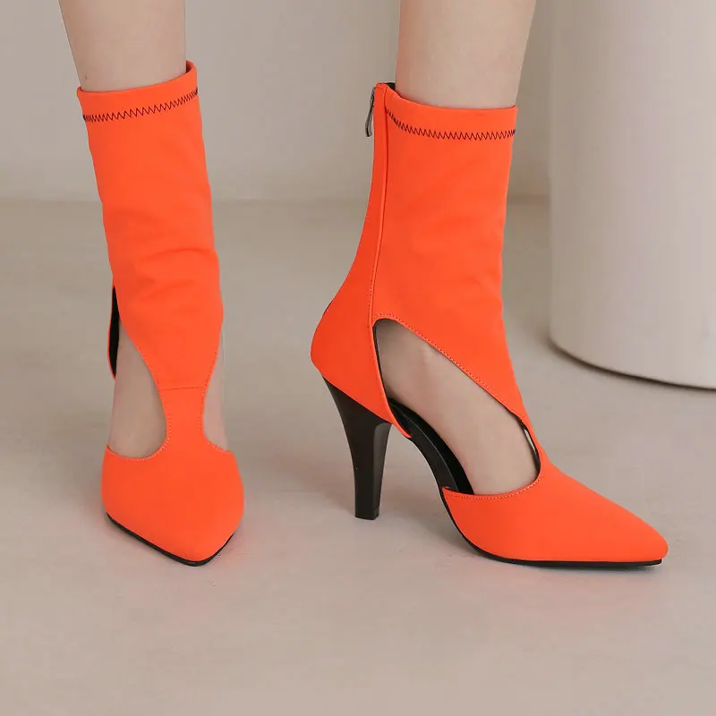 Plus Size 35-48 Lycra Fabric Neon Orange Rose Pointed Toe Spike High Heeled Shoes Hallow Cutout Heels Stretch Boots Sandals