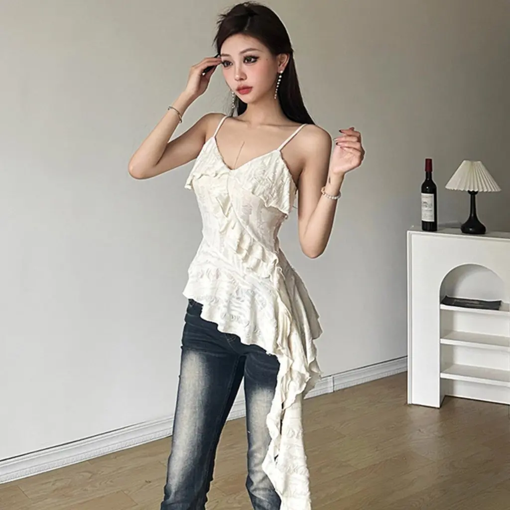 

Pure Desire Wind Sweet Spice Women's Slim-fit Ruffled Stitching Top Small Sling Summer Clothing Pure Color Girls' Fashion