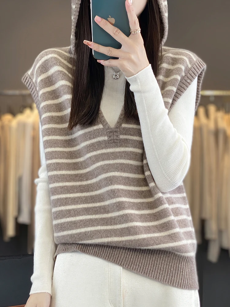 

Женский вязаный жилет без рукавов из 100% мериносовой шерсти в полоску с v-образным вырезом, теплая осенне-зимняя модная повседневная уютная одежда