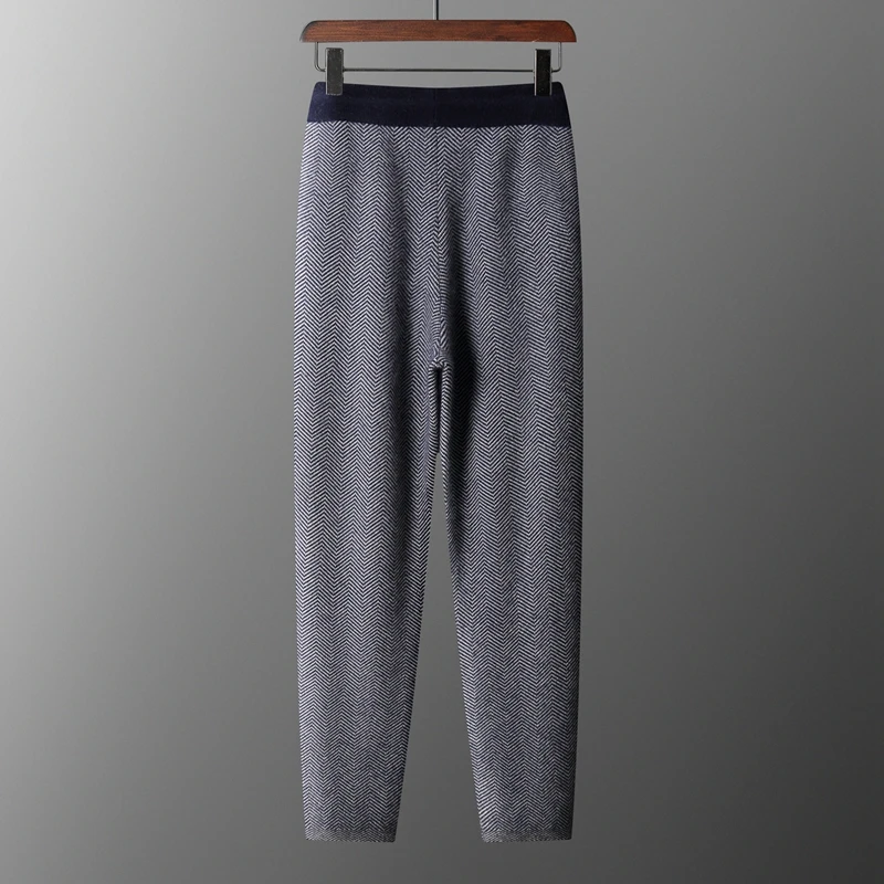 New Autumn Winter Men's Knitted Herringbone Pattern Thick Straight Leg Pants 100% Merino Wool Elastic Waist Small Leg Pants Warm