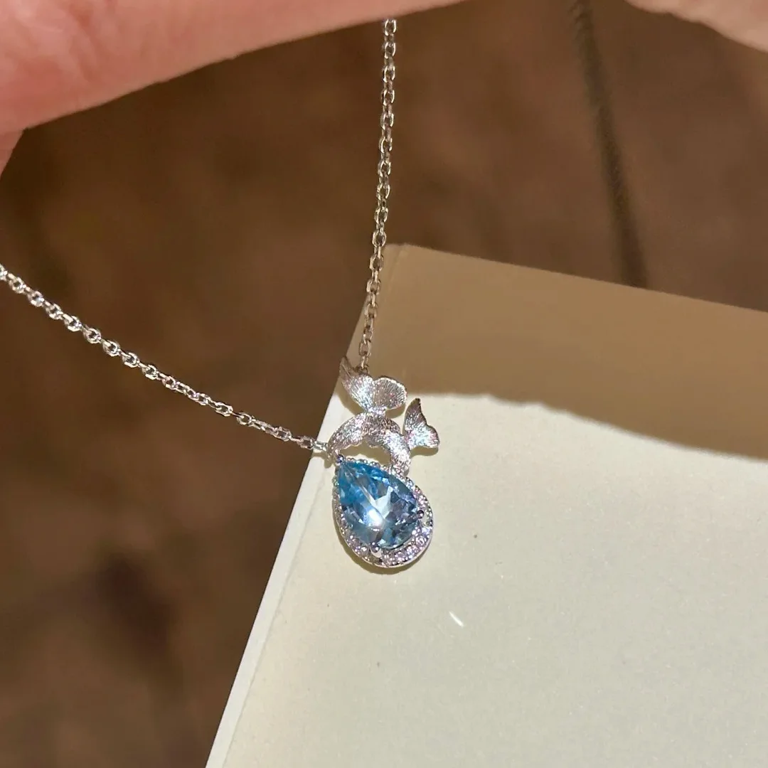 

Creative silver 925 brushed butterfly necklace sea blue gemstone water droplet pendant light luxury collar chain wedding jewelry