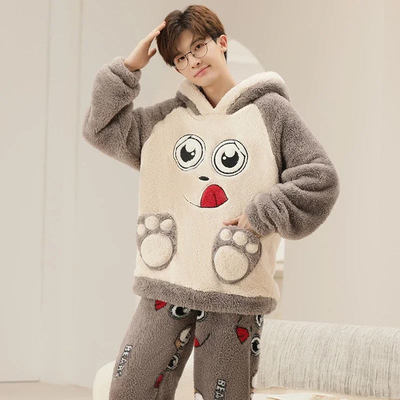 New Men Winter Thickened Coral Fleece Pajamas Set Plush Hooded Home Suit Long Sleeve Cartoon Flannel 2PCS Set Warm Nightwea 5XLr