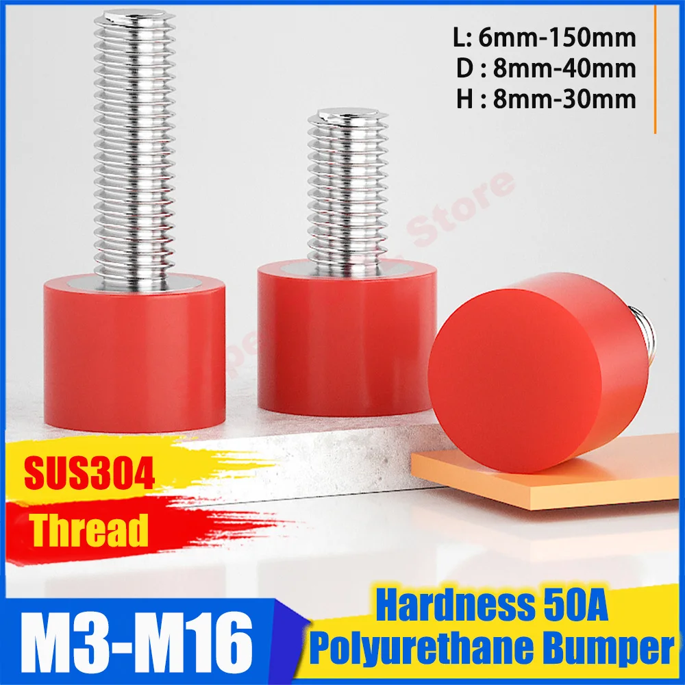 M3 M4 M5 M6 M8 M10 M12 M14 M16 304 Stainless Steel Urethane Stop Bolt Anti-Collision Red 50A Polyurethane Shock Absorbing Screw