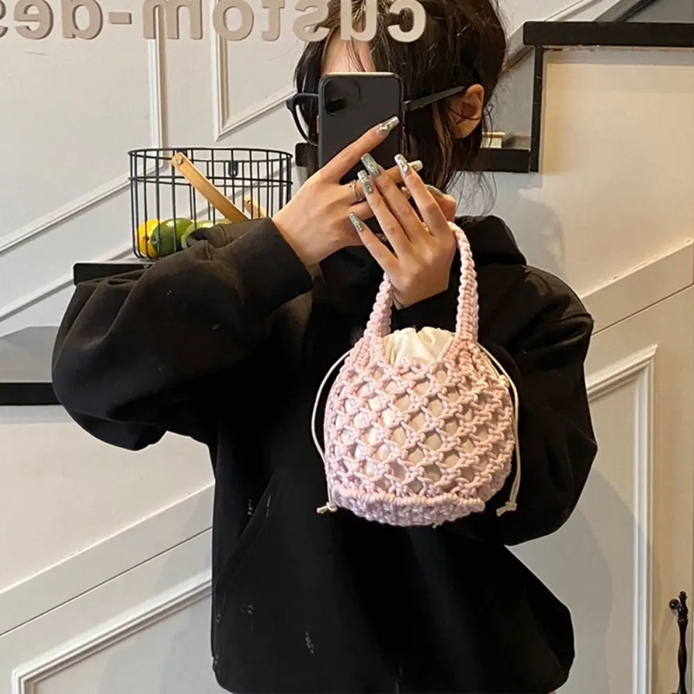 

Simple Mini Bucket Bag Knitted Bag Hollowed Out Large Capacity Crochet Tote Bag Handbag Bohemian String Bag Students