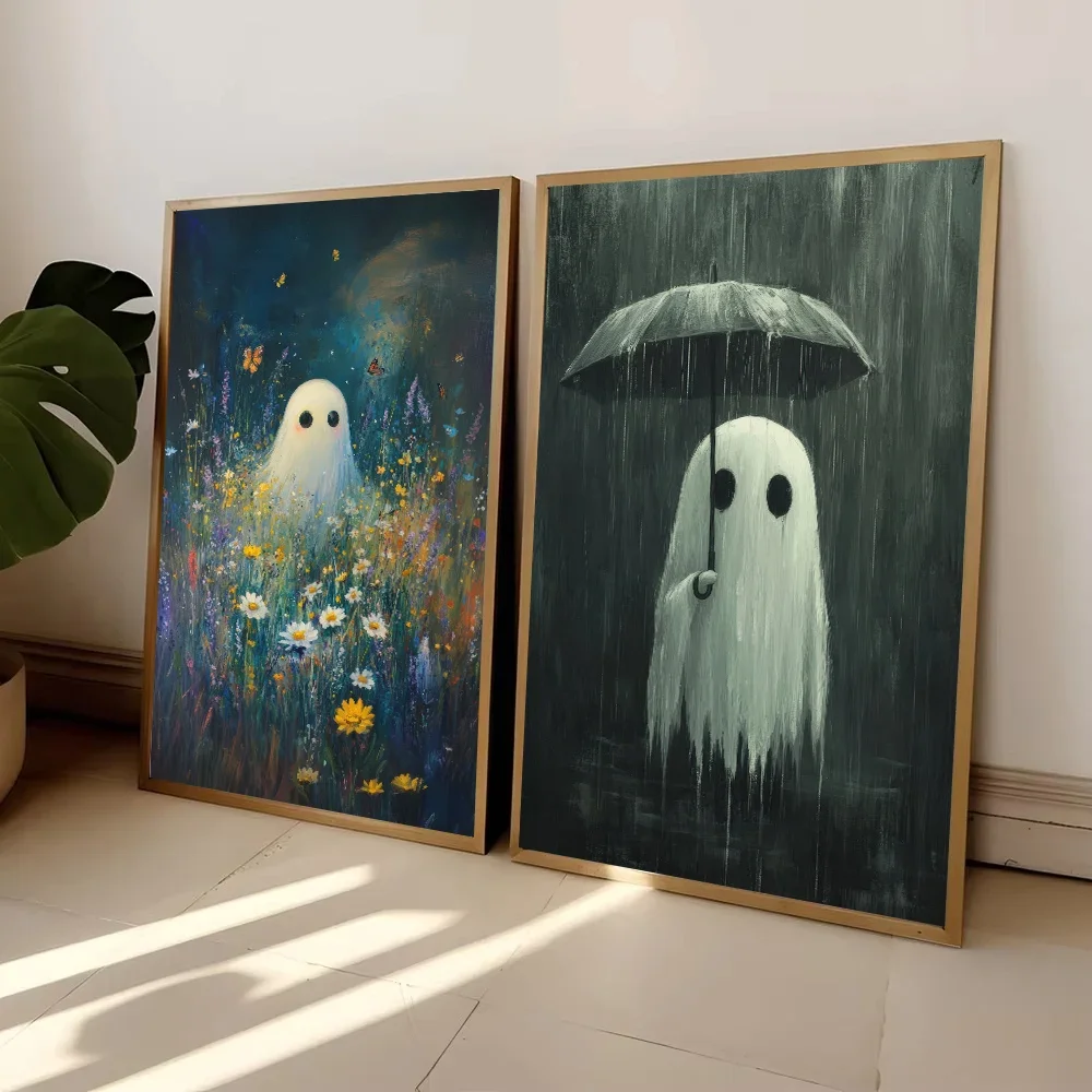 Ghost Pumpkin on Autumn Street Halloween Diamond Painting Print Bathtub Autumn Wall Art Poster for Modern Home Decor