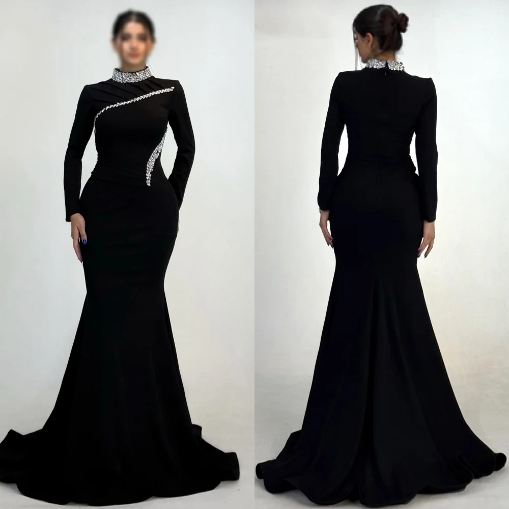 Personalizado elegante formal jérsei strass plissado sereia gola alta vestidos longos sob medida vestidos de ocasião tamanhos disponíveis sexy
