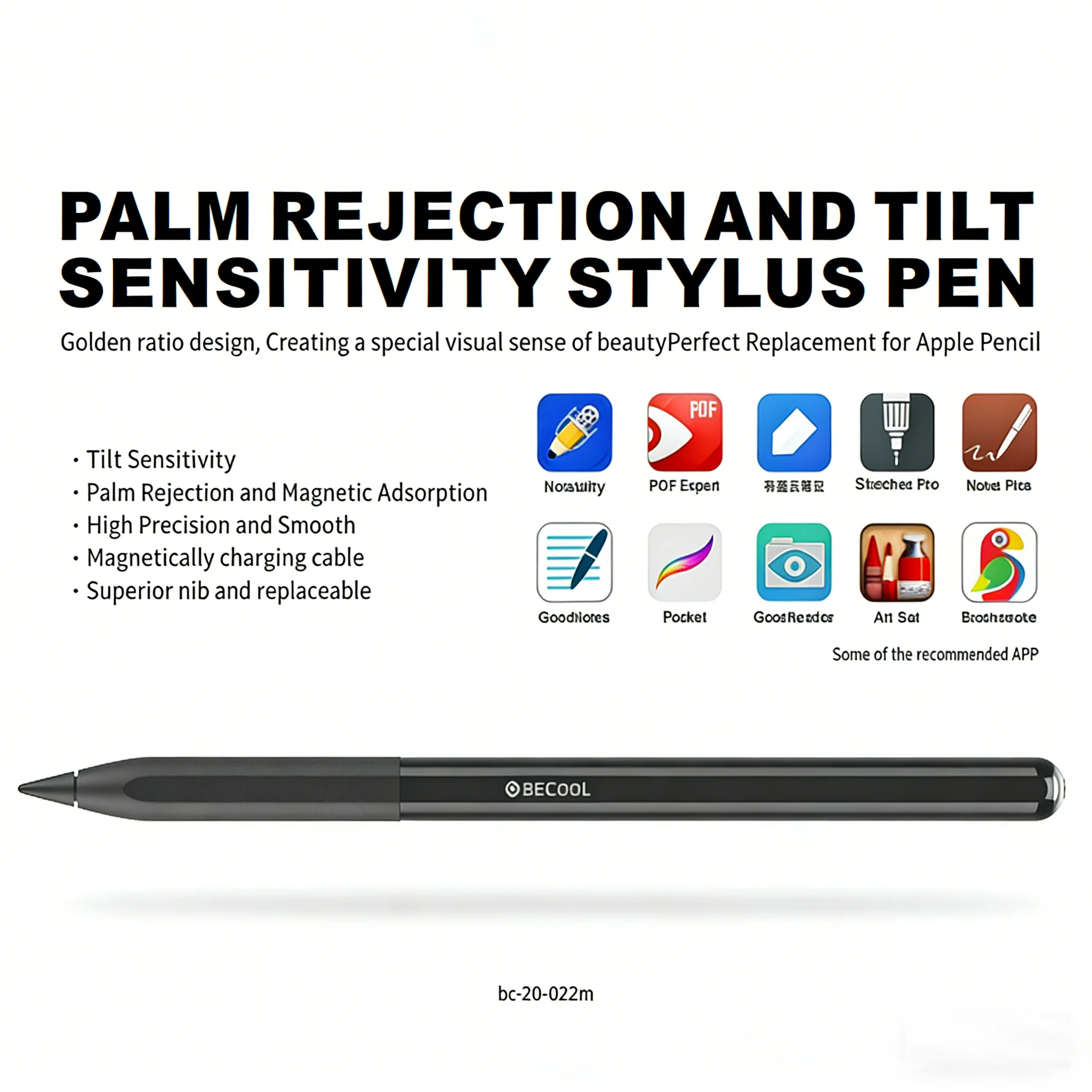 Active Stylus Pen Palm Rejection Tilt Sensitivity 1.4mm Gold-Plated Tip Magnetic Adsorption for Apple iPad Drawing&Note-Taking