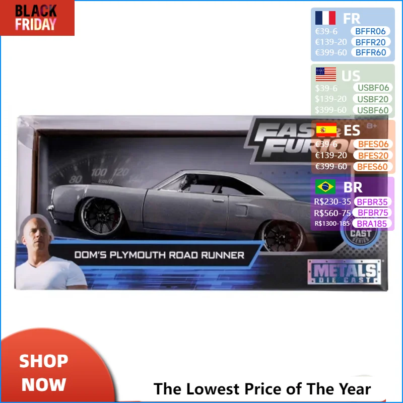 Jada 1:24 Dom\'s 1970 Plymouth Road Runner, литая металлическая игрушка для мальчиков